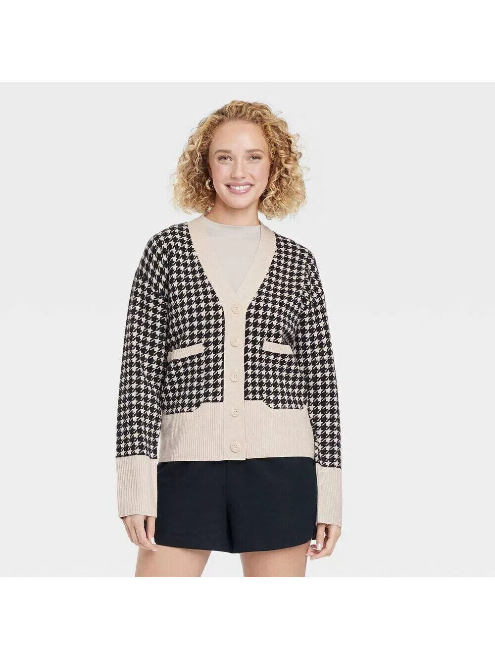 A New Day NWT Women's Taupe Houndstooth Cardigan Sweater Size 1X